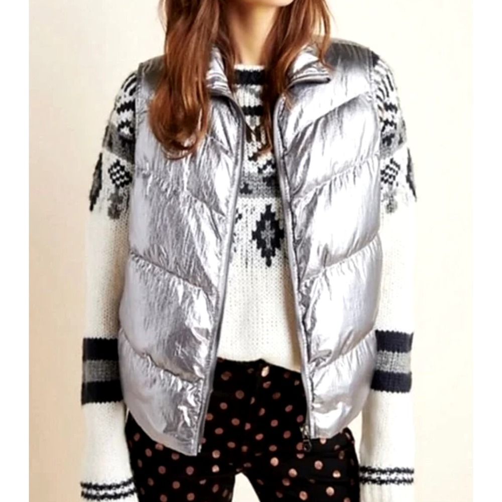 Anthropologie Womens Silver Metallic Spacesuit Puffer Vest Sz L Zip Pockets Warm